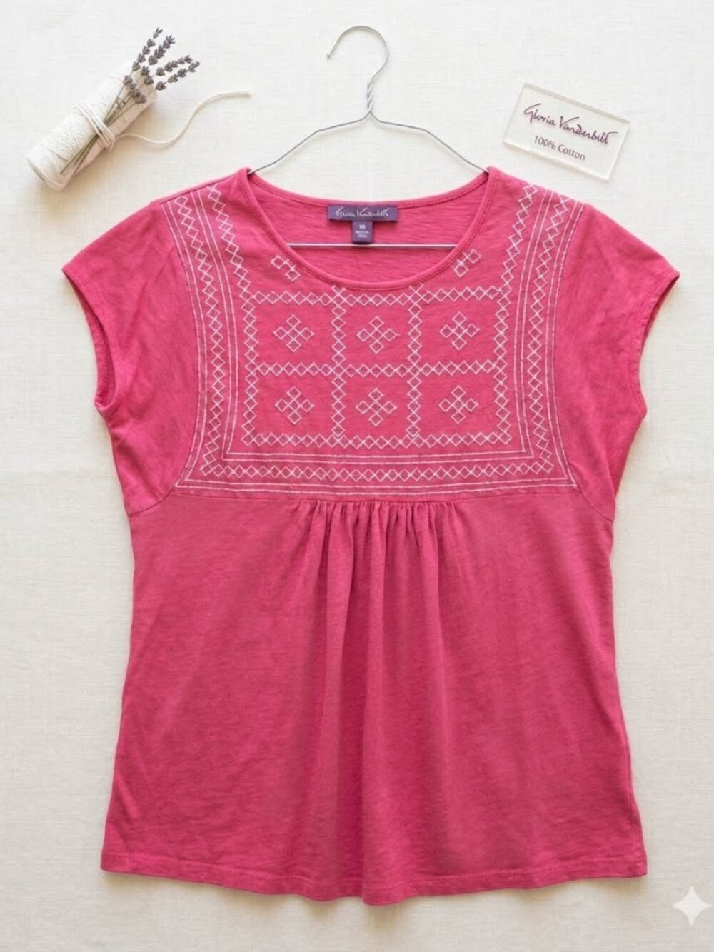Gloria Vanderbilt Pink Embroidered Boho Peasant Top Size M